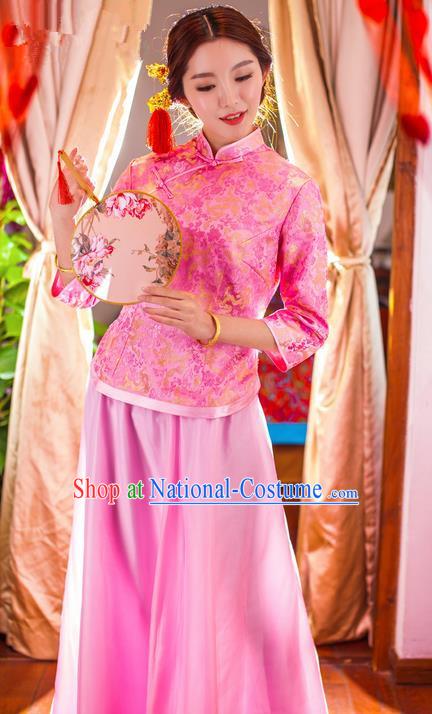 Traditional Chinese Wedding Costume Xiuhe Wedding Clothing, Ancient Chinese Bridesmaid Embroidered Pink Cheongsam Dress for Women