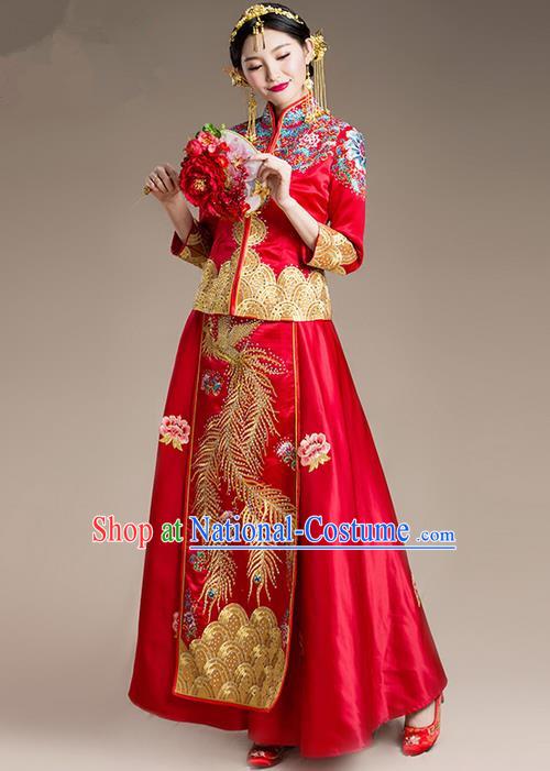 Traditional Chinese Wedding Costume Xiuhe Suit Clothing, Ancient Chinese Bride Embroidered Dragon and Phoenix Robes Cheongsam Dress for Women