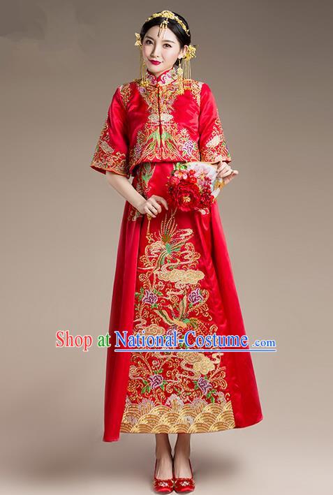 Traditional Chinese Wedding Costume Xiuhe Suit Clothing, Ancient Chinese Bride Embroidered Flowers Phoenix Robes Cheongsam Dress for Women