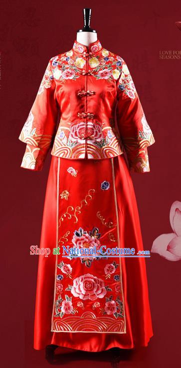 Traditional Chinese Wedding Costume XiuHe Suit Clothing Dragon and Phoenix Flown Bottom Drawer, Ancient Chinese Bride Embroidered Cheongsam Dress for Women