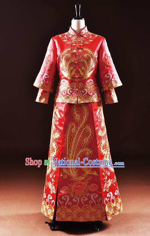 Traditional Chinese Wedding Costume XiuHe Suit Clothing Dragon and Phoenix Flown Wedding Dress, Ancient Chinese Bride Hand Embroidered Cheongsam Dress for Women