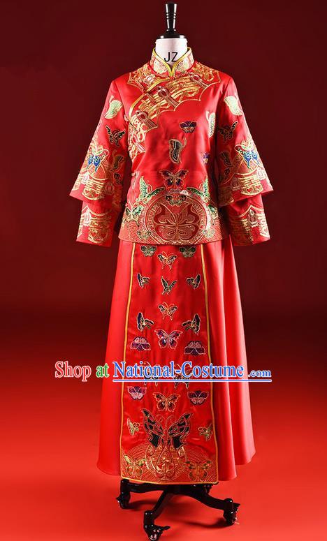 Traditional Chinese Wedding Costume XiuHe Suit Clothing Longfeng Flown Wedding Dress, Ancient Chinese Bride Hand Embroidered Butterfly Cheongsam Dress for Women