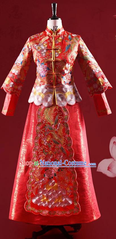 Traditional Chinese Wedding Costume XiuHe Suit Clothing Longfeng Flown Wedding Full Dress, Ancient Chinese Bride Hand Embroidered Cheongsam Dress for Women