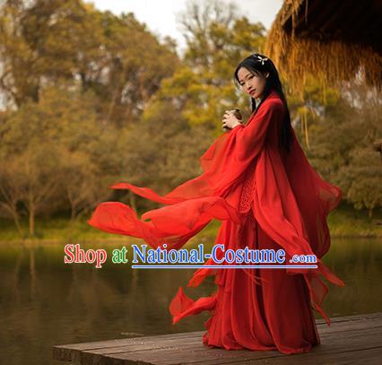 Traditional Chinese Swordswoman Costume, Elegant Hanfu Clothing Ancient Chinese Heroine Red Dress for Women