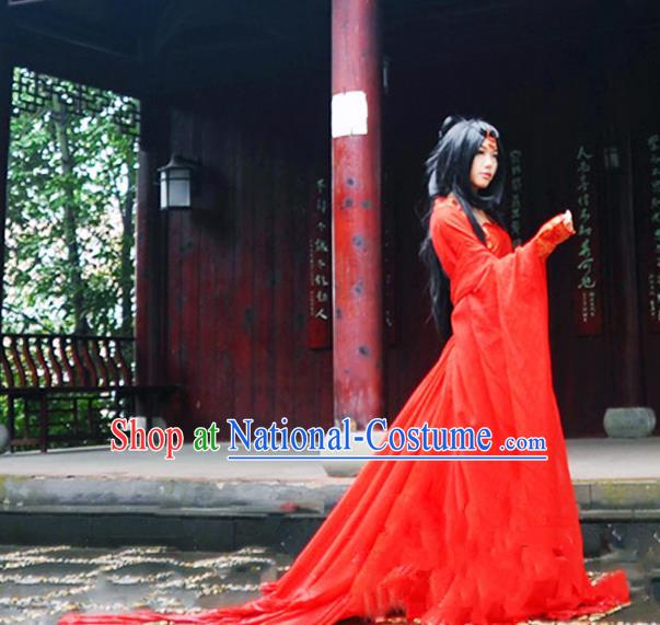 Traditional Chinese Tang Dynasty Peri Costume, Chinese Ancient Hanfu Imperial Princess Red Dress Clothing for Women