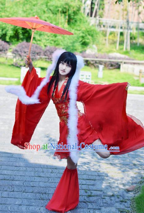 Traditional Chinese Cartoon Peri Costume, Chinese Ancient Hanfu Young Lady Red Dress Clothing for Women