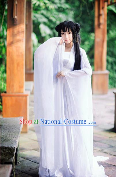 Traditional Chinese Cosplay Peri Costume, Chinese Ancient Hanfu Tang Dynasty Imperial Princess White Dress Clothing for Women