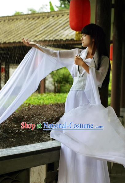 Traditional Chinese Cosplay Peri Costume, Chinese Ancient Hanfu Tang Dynasty Imperial Princess Water Sleeve White Dance Dress Clothing for Women