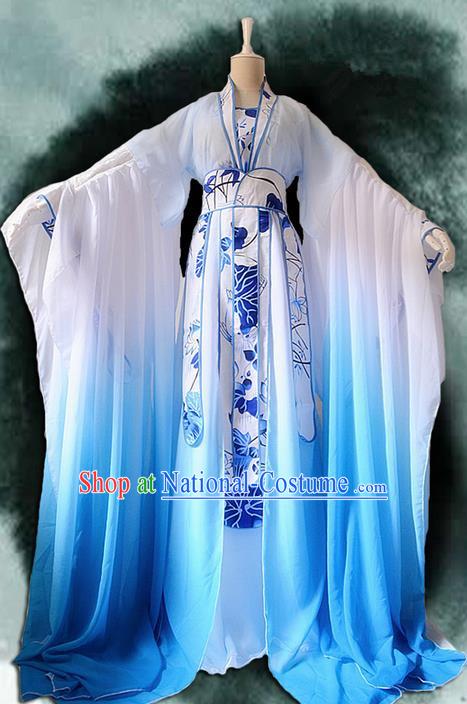 Traditional Chinese Cosplay Nobility Lady Costume, Chinese Ancient Hanfu Han Dynasty Imperial Princess Blue Lotus Dress Clothing for Women