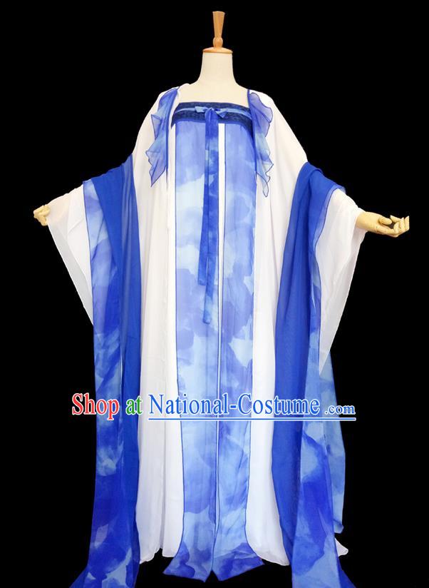 Traditional Chinese Cosplay Imperial Consort Costume, Chinese Ancient Printing Hanfu Tang Dynasty Princess Blue Dress Clothing for Women