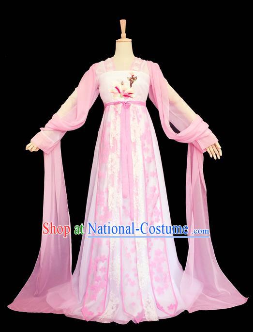 Traditional Chinese Tang Dynasty Imperial Princess Costume, Elegant Hanfu Clothing, Chinese Ancient Young Lady Embroidered Pink Dress for Women