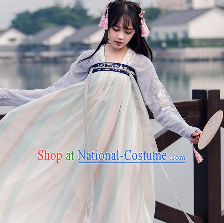 Traditional Chinese Tang Dynasty Young Lady Costume, Elegant Hanfu Clothing Blouse and Skirt, Chinese Ancient Imperial Princess Embroidered Slip Dress for Women