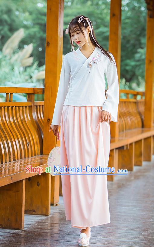 Traditional Chinese Han Dynasty Young Lady Costume, Elegant Hanfu Clothing Embroidered Blouse and Skirt, Chinese Ancient Imperial Princess Linen Slip Dress for Women