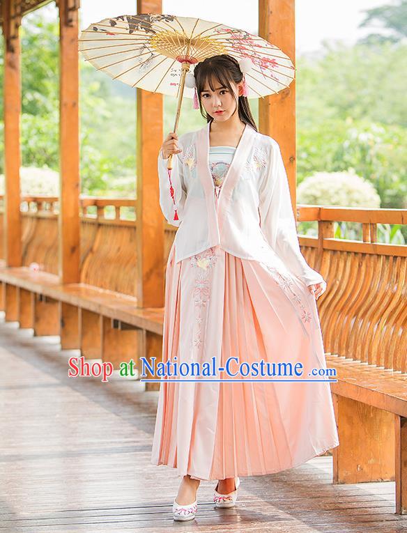 Traditional Chinese Tang Dynasty Young Lady Costume, Elegant Hanfu Clothing Embroidered Boob Tube Top Blouse and Skirt, Chinese Ancient Imperial Princess Dress for Women