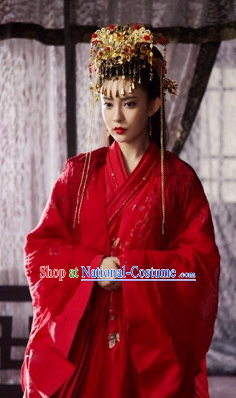 Traditional Ancient Chinese Wedding Bride Costume and Headwear Complete Set, The Legend of the Condor Heroes Chinese Song Dynasty Princess Hanfu Dress Clothing for Women