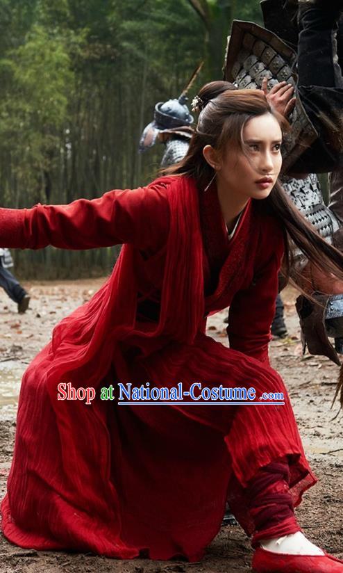 Traditional Ancient Chinese Swordswoman Costume and Headwear Complete Set, The Legend of the Condor Heroes Chinese Song Dynasty Heroine Hanfu Dress Red Clothing for Women