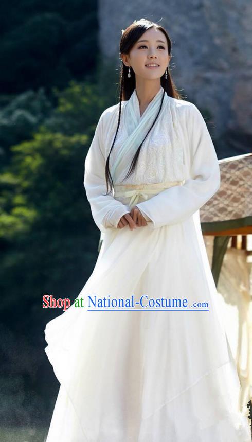 Traditional Ancient Chinese Peri Costume and Headwear Complete Set, The Legend of the Condor Heroes Chinese Song Dynasty Huang Rong Hanfu White Dress Clothing for Women