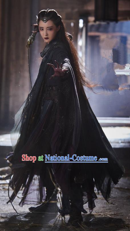 Traditional Ancient Chinese Evil Female Costume and Headwear Complete Set, The Legend of the Condor Heroes Chinese Song Dynasty Mei Chaofeng Hanfu Dress Swordswoman Clothing for Women