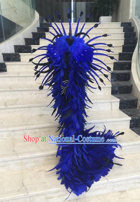 Top Grade Compere Professional Performance Catwalks Swimsuit Costume, Children Blue Feather Cloak Formal Dress Modern Dance Fancywork Trailing Clothing for Boys Kids