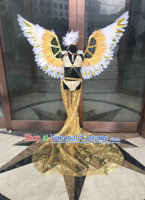 Top Grade Compere Professional Performance Catwalks Costume, Traditional Brazilian Samba Dance Rio Carnival Props Feather Wings Modern Dance Fancywork Swimsuit Clothing for Kids