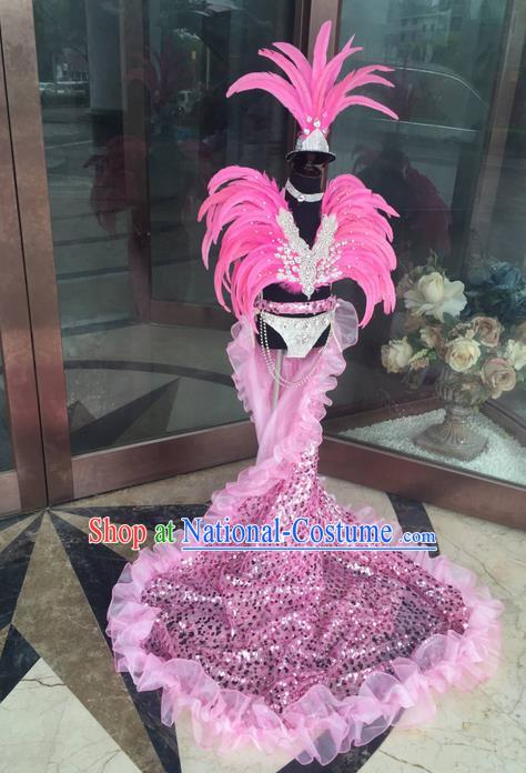 Top Grade Compere Professional Performance Catwalks Costume, Traditional Brazilian Samba Dance Rio Carnival Props Pink Feather Modern Dance Fancywork Trailing Swimsuit Clothing for Kids