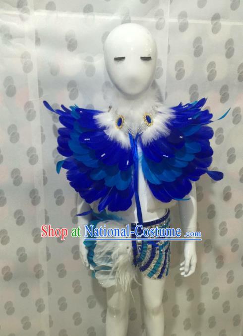 Top Grade Compere Professional Performance Catwalks Costume, Traditional Brazilian Rio Carnival Modern Dance Fancywork Blue Feather Swimsuit Clothing for Kids