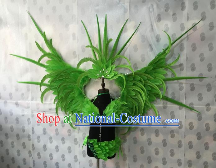 Top Grade Compere Professional Performance Catwalks Costume, Traditional Brazilian Rio Carnival Dance Fancywork Green Feather Wings Swimsuit Clothing for Kids