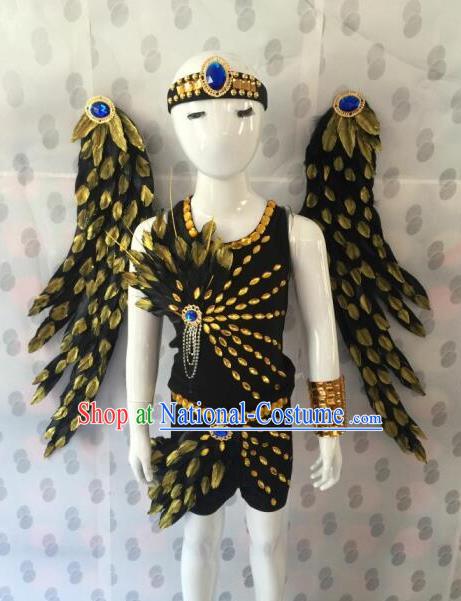 Top Grade Compere Professional Performance Catwalks Costumes, Traditional Brazilian Rio Carnival Dance Feather Fancywork Swimsuit Clothing for Kids