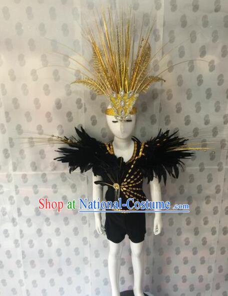 Top Grade Compere Professional Performance Catwalks Costumes, Traditional Brazilian Rio Carnival Dance Feather Dress Fancywork Swimsuit Bikini Clothing for Kids