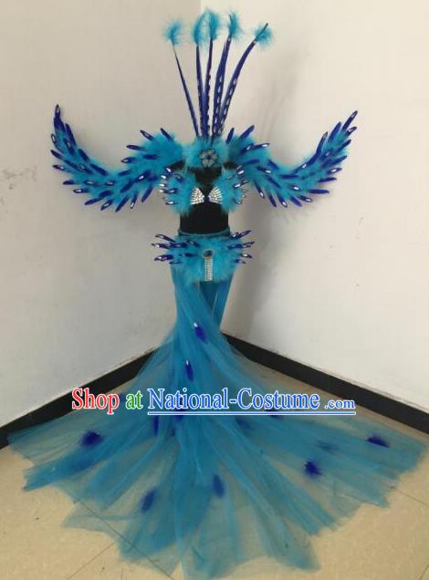 Top Grade Compere Professional Performance Catwalks Blue Feather Wings Costumes, Traditional Brazilian Rio Carnival Samba Opening Dance Props Modern Fancywork Swimsuit Clothing for Women