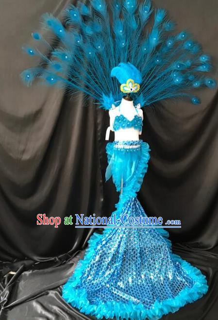 Top Grade Compere Professional Performance Catwalks Blue Peacock Feather Costumes, Traditional Brazilian Rio Carnival Samba Opening Dance Props Modern Fancywork Swimsuit Clothing for Kids