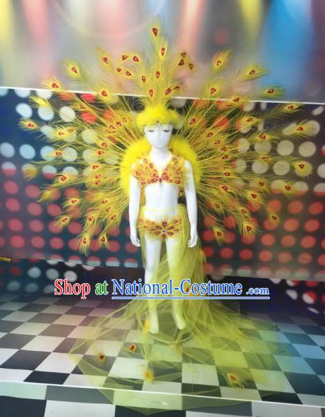 Top Grade Compere Professional Performance Catwalks Yellow Peacock Feather Costumes, Traditional Brazilian Rio Carnival Samba Opening Dance Props Modern Fancywork Swimsuit Clothing for Kids