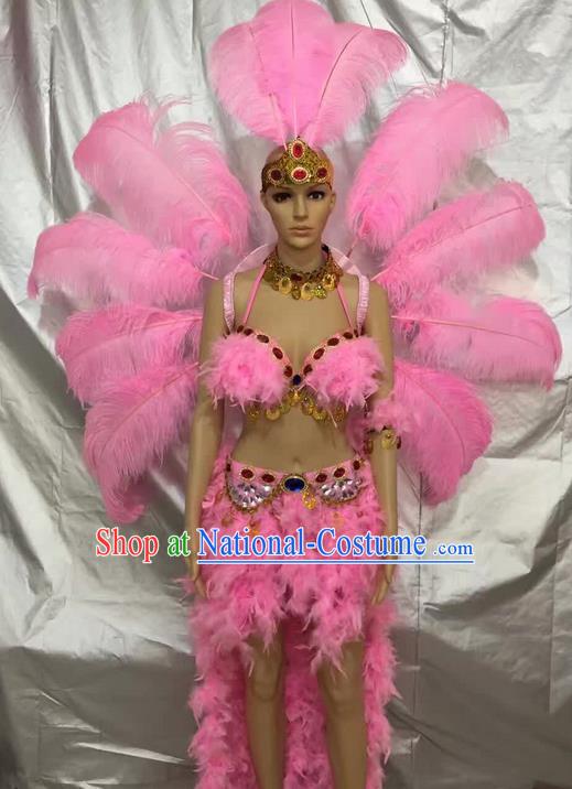 Top Grade Compere Professional Performance Catwalks Pink Feather Costumes, Traditional Brazilian Rio Carnival Samba Opening Dance Suits Modern Fancywork Swimsuit Clothing for Women