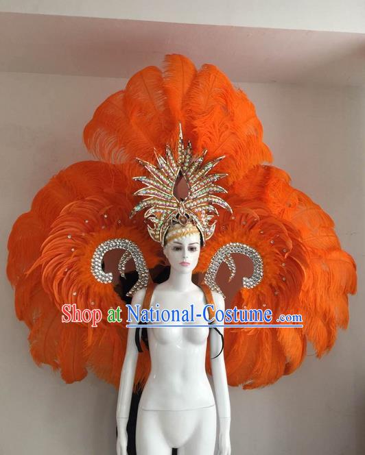 Top Grade Compere Professional Performance Catwalks Orange Feather Wings and Headpiece, Traditional Brazilian Rio Carnival Samba Opening Dance Suits Modern Fancywork Swimsuit Clothing for Women