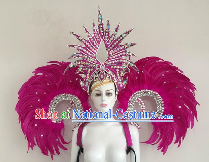 Top Grade Compere Professional Performance Catwalks Rosy Feather Wings and Headpiece, Traditional Brazilian Rio Carnival Samba Opening Dance Suits Modern Fancywork Swimsuit Clothing for Women