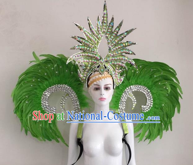 Top Grade Compere Professional Performance Catwalks Green Feather Wings and Headpiece, Traditional Brazilian Rio Carnival Samba Opening Dance Suits Modern Fancywork Swimsuit Clothing for Women