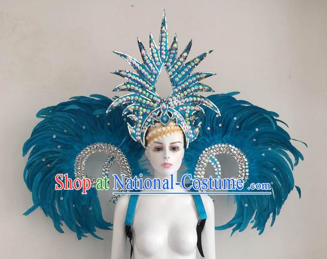 Top Grade Compere Professional Performance Catwalks Blue Feather Wings and Headpiece, Traditional Brazilian Rio Carnival Samba Opening Dance Suits Modern Fancywork Swimsuit Clothing for Women