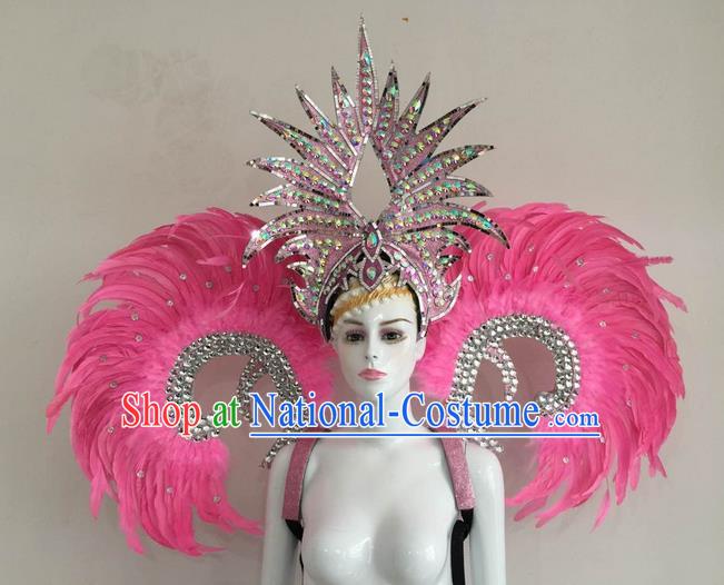 Top Grade Compere Professional Performance Catwalks Pink Feather Wings and Headpiece, Traditional Brazilian Rio Carnival Samba Opening Dance Suits Modern Fancywork Swimsuit Clothing for Women