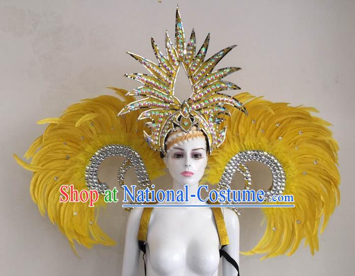 Top Grade Compere Professional Performance Catwalks Yellow Feather Wings and Headpiece, Traditional Brazilian Rio Carnival Samba Opening Dance Suits Modern Fancywork Swimsuit Clothing for Women