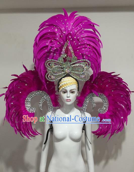 Top Grade Compere Professional Performance Catwalks Purple Feather Wings and Headpiece Big Hair Accessories Decorations, Traditional Brazilian Rio Carnival Samba Opening Dance Suits Modern Fancywork Swimsuit Clothing for Women