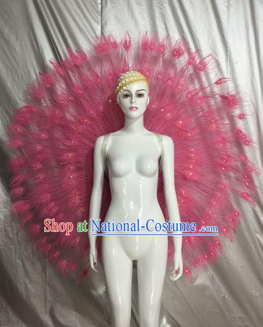 Top Grade Compere Professional Performance Catwalks Pink Feather Accessories Decorations, Traditional Brazilian Rio Carnival Samba Opening Dance Suits Modern Fancywork Swimsuit Clothing for Women