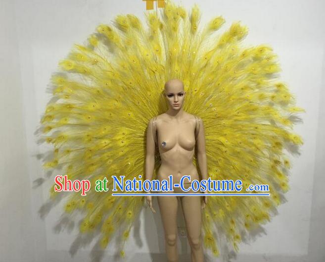 Top Grade Compere Professional Performance Catwalks Large Size Yellow Feather Accessories Decorations, Traditional Brazilian Rio Carnival Samba Opening Dance Suits Modern Fancywork Swimsuit Clothing for Women