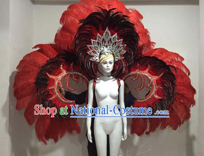 Top Grade Compere Professional Performance Catwalks Red Feather Large Size Wings Costume and Big Hair Accessories, Traditional Brazilian Rio Carnival Samba Opening Dance Suits Modern Fancywork Clothing for Women