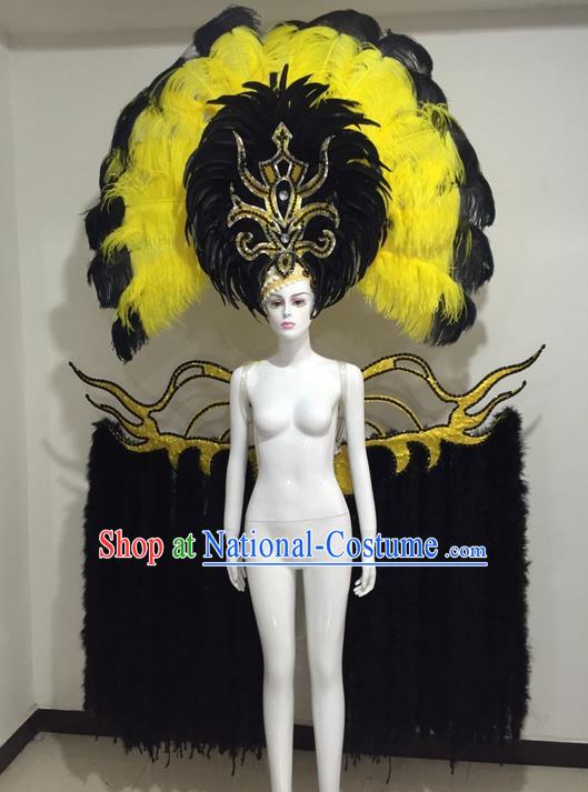 Top Grade Compere Professional Performance Catwalks Miami Feathers Deluxe Wings and Large Headpiece, Traditional Brazilian Rio Carnival Samba Opening Dance Custom-made Customized Suits Clothing for Women