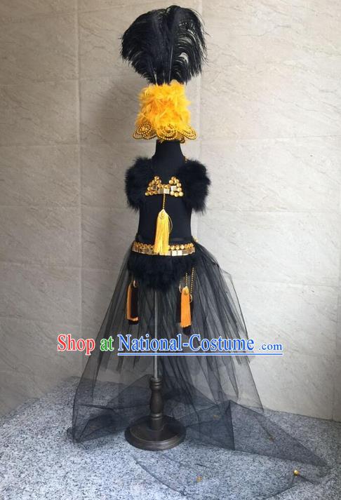 Top Grade Compere Professional Performance Catwalks Costume and Headwear, Traditional Brazilian Rio Carnival Samba Opening Dance Custom-made Customized Swimsuits Bikini Clothing for Kids