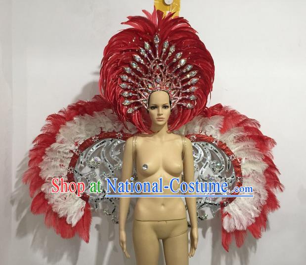 Top Grade Professional Performance Catwalks Red Feather Wings and Headwear, Brazilian Rio Carnival Samba Opening Dance Custom-made Customized Clothing for Women