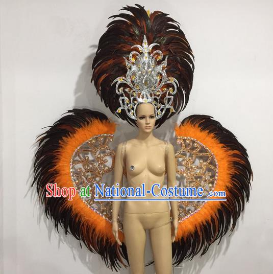 Top Grade Professional Performance Catwalks Orange Feather Wings and Headwear, Brazilian Rio Carnival Samba Opening Dance Custom-made Customized Clothing for Women