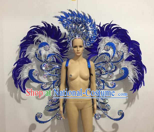 Top Grade Professional Performance Catwalks Blue Feather Butterfly Wings and Headwear, Brazilian Rio Carnival Samba Opening Dance Custom-made Customized Props Clothing for Women