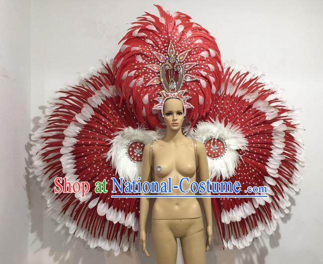 Top Grade Professional Performance Catwalks Red Feather Wings and Headwear, Brazilian Rio Carnival Samba Opening Dance Custom-made Customized Props Clothing for Women