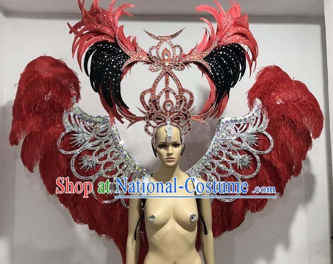 Top Grade Professional Performance Catwalks Large Size Red Feather Wings and Headwear, Brazilian Rio Carnival Samba Opening Dance Custom-made Customized Props Clothing for Women